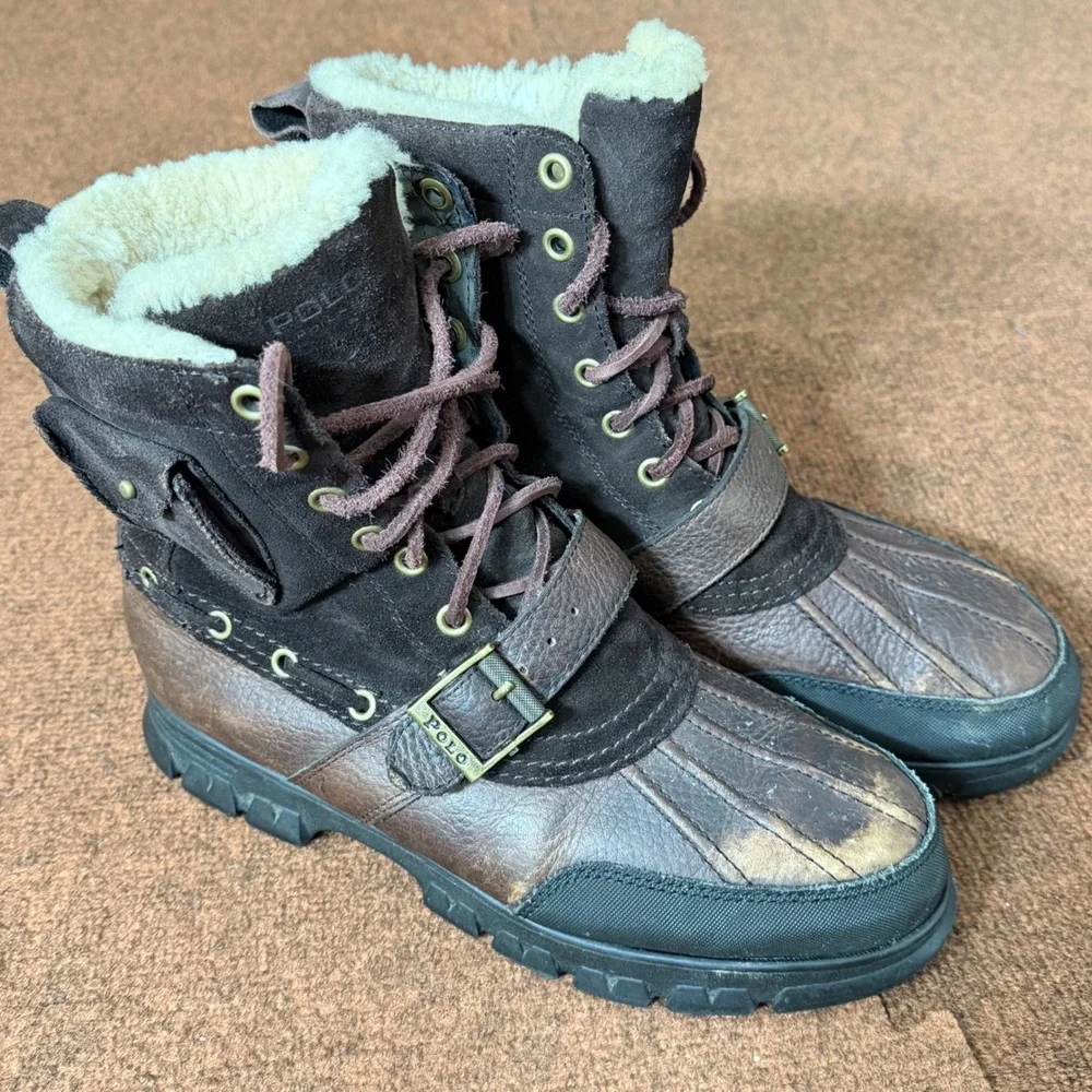 Vtg Polo Ralph Lauren Hamlin Brown Leather Shearling Lined Duck Boots Men 10.5 D